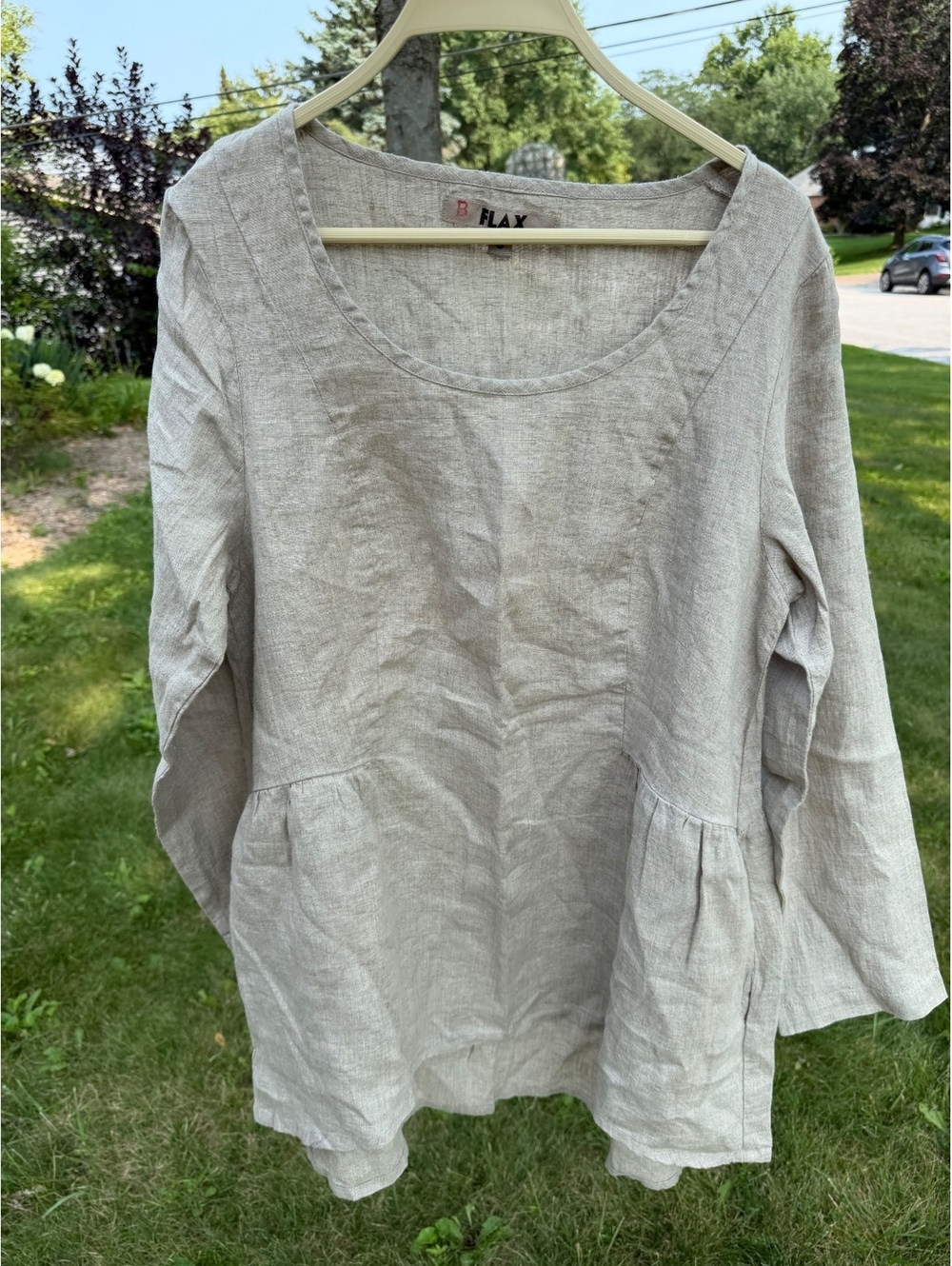 FLAX Women's Beige Boho Beachy Timeless  100% Linen Long Sleeve Tunic Top S